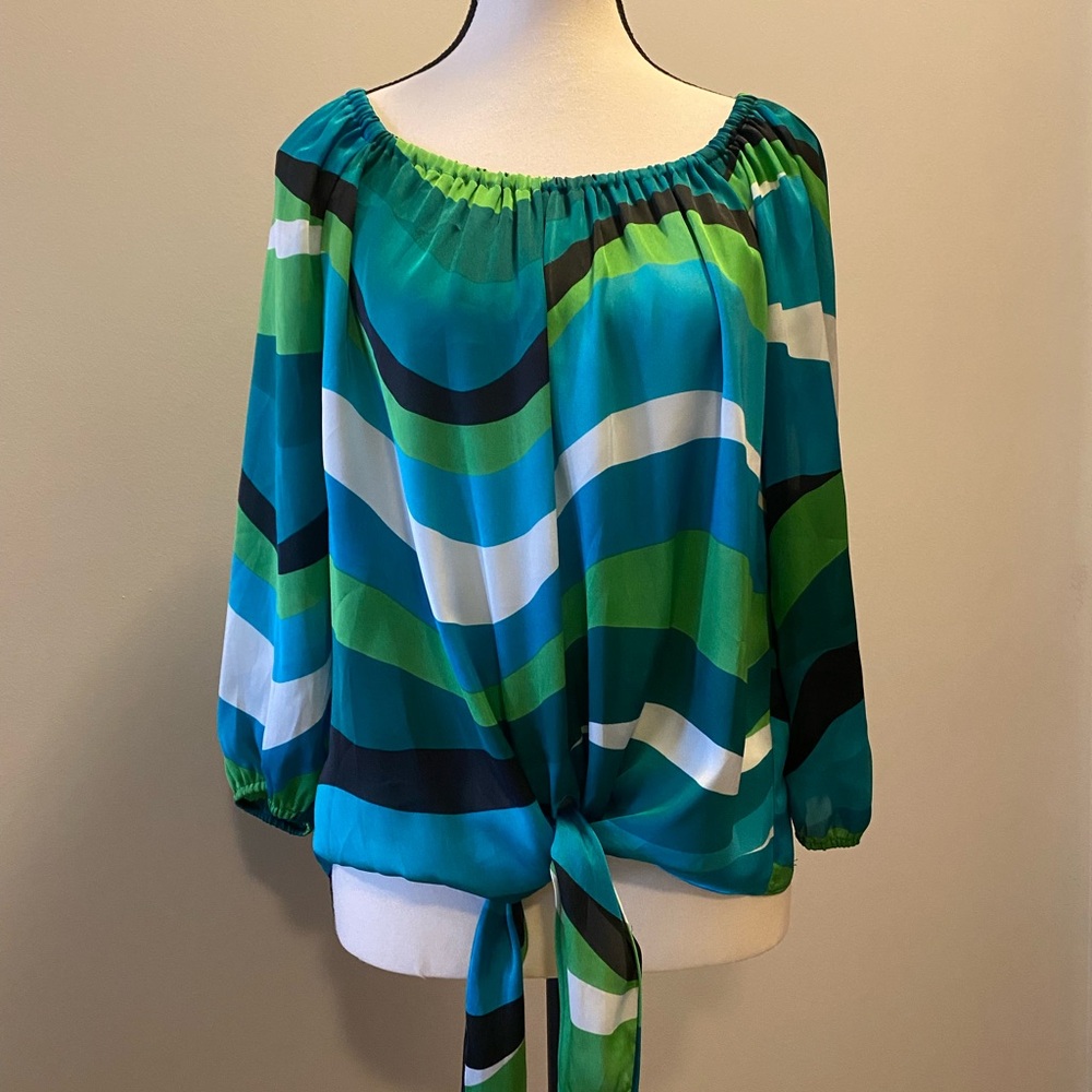 Zac & Rachel Vibrant Green and Blue Blouse SMALL EUC fits MEDIUM